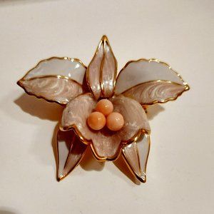 Vintage Flower Brooch, Gold Tone Pink Champagne Enamel, Iris Orchid Pendant